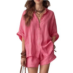 Oversized Linen Blend Button-Down Shirt & Shorts Set | Casual Breathable Two-Piece Outfit for Women
