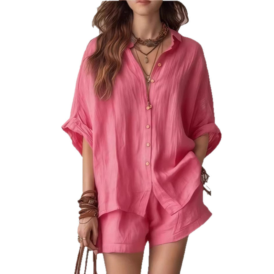 Oversized Linen Blend Button-Down Shirt & Shorts Set | Casual Breathable Two-Piece Outfit for Women