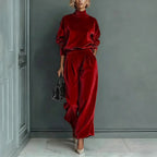 Women'S Velour Drop‑Shoulder Top & Pleated Wide‑Leg Pants Two‑Piece Set