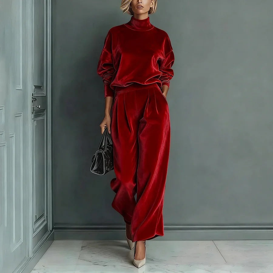 Women'S Velour Drop‑Shoulder Top & Pleated Wide‑Leg Pants Two‑Piece Set