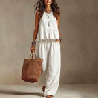 Cotton linen 2 Piece Set: Sleeveless Ruffle Tank Top & Drawstring Wide Leg Pants