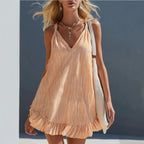 Orange White Vertical Stripe Spaghetti Strap Ruffle Hem Mini Dress