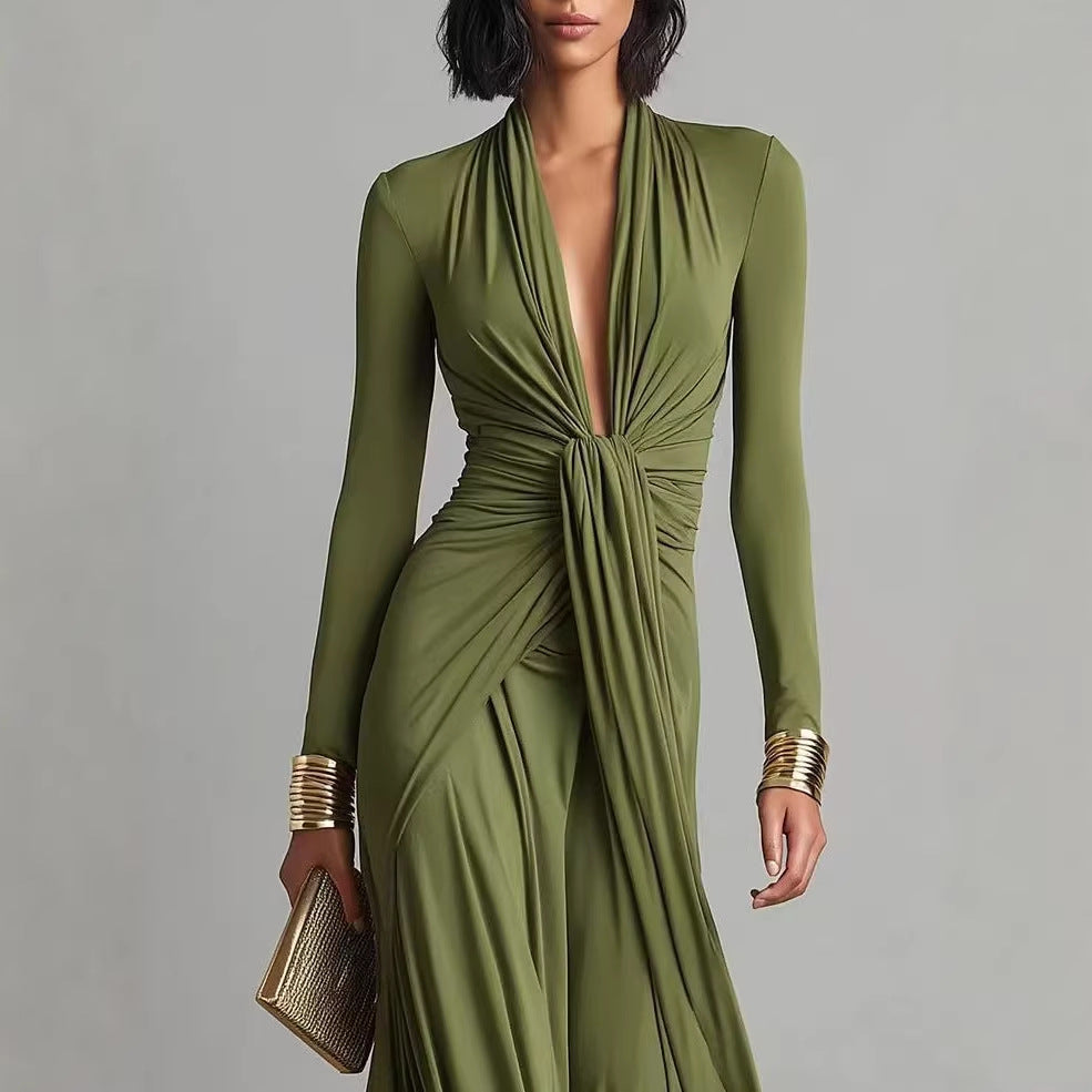 Olive Green Deep V-neck Pleated Glamorous Maxi Dress