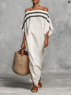 Stripe Off Shoulder Batwing Linen Maxi Kaftan Dress