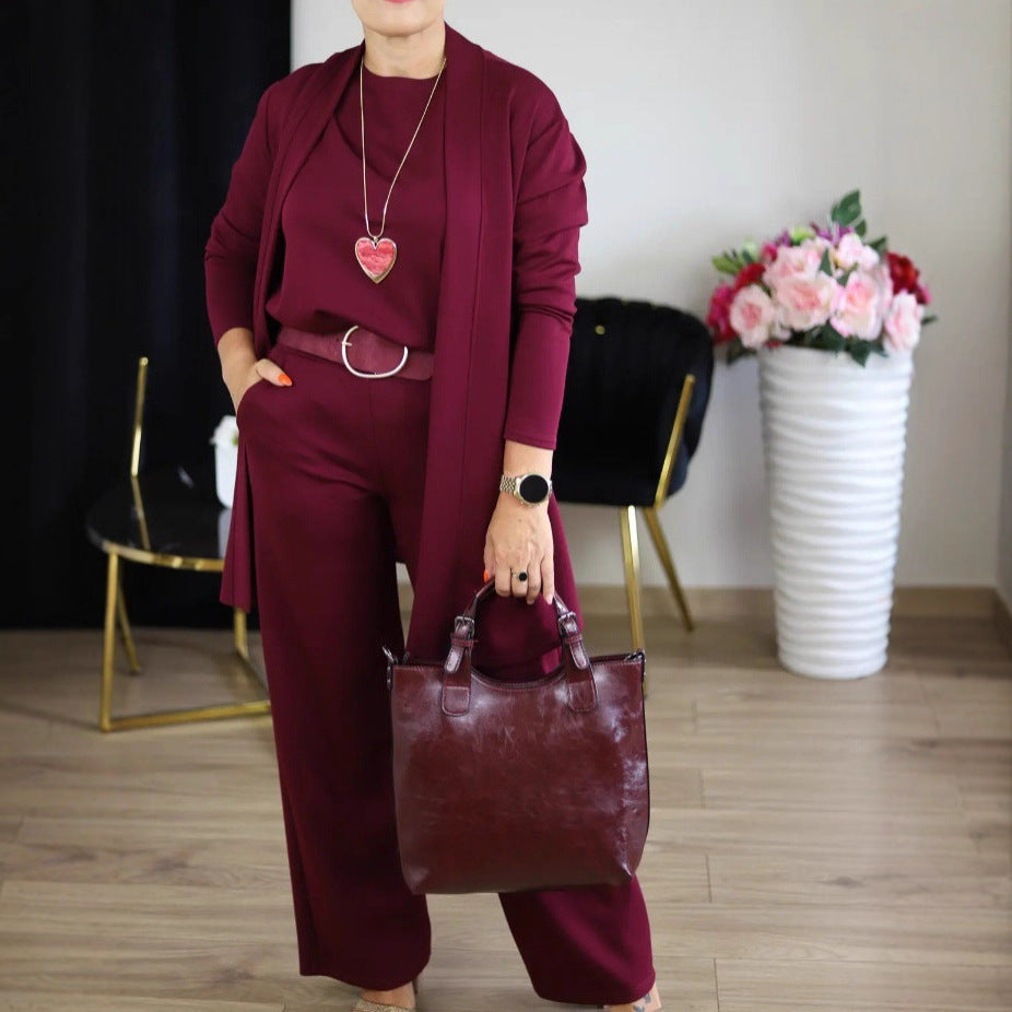 Women's Solid Color Round Neck Long-Sleeved 3-Piece Set