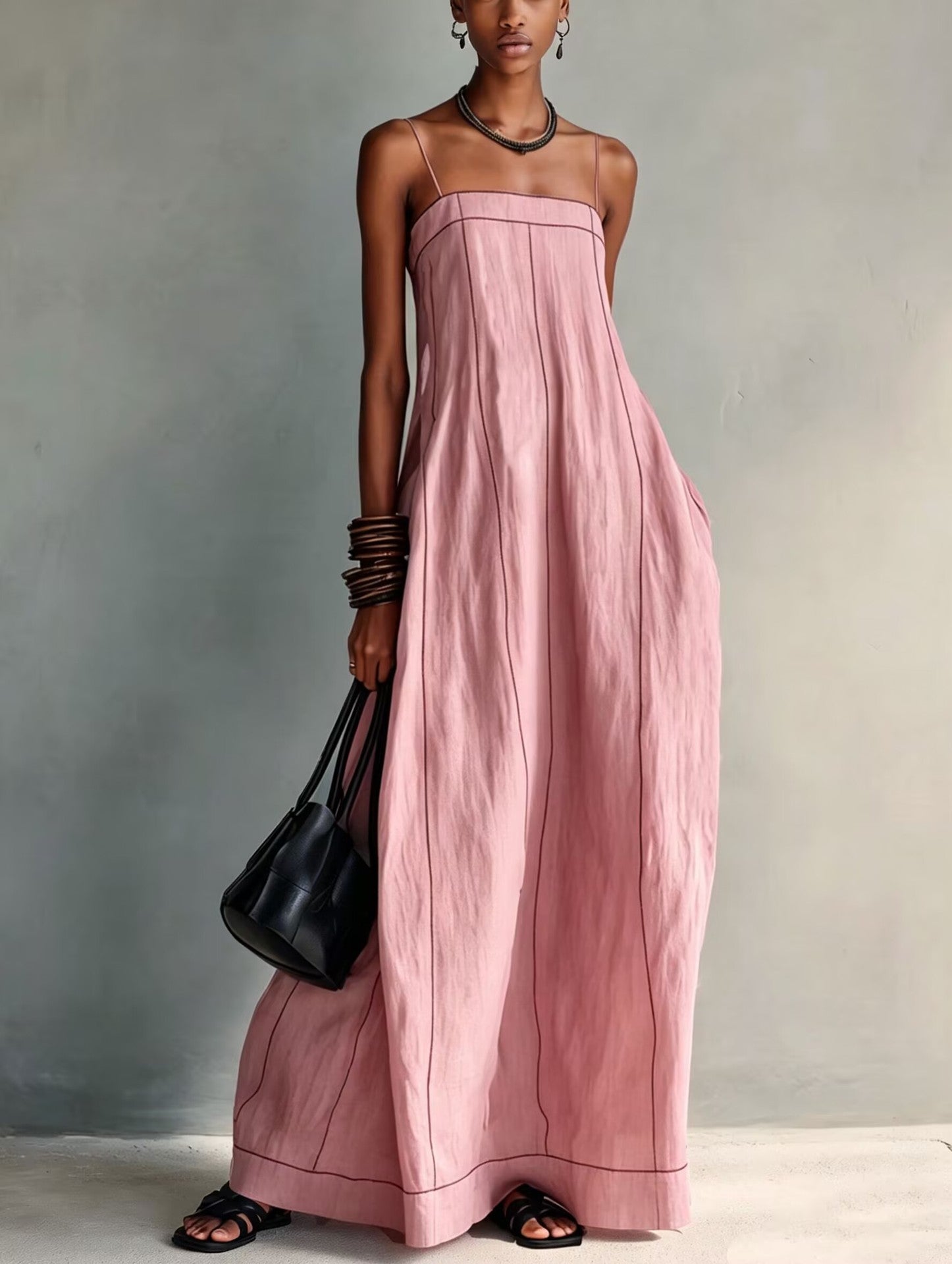 Contrast Stitch Thin Strap Straight Maxi Slip Dress