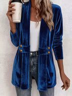 Women's Velvet Open Front Long Sleeve Mid Length Blazer Cardigan with Button Decor