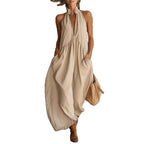 Sleeveless Stand Collar Solid Color Long Vacation Dress