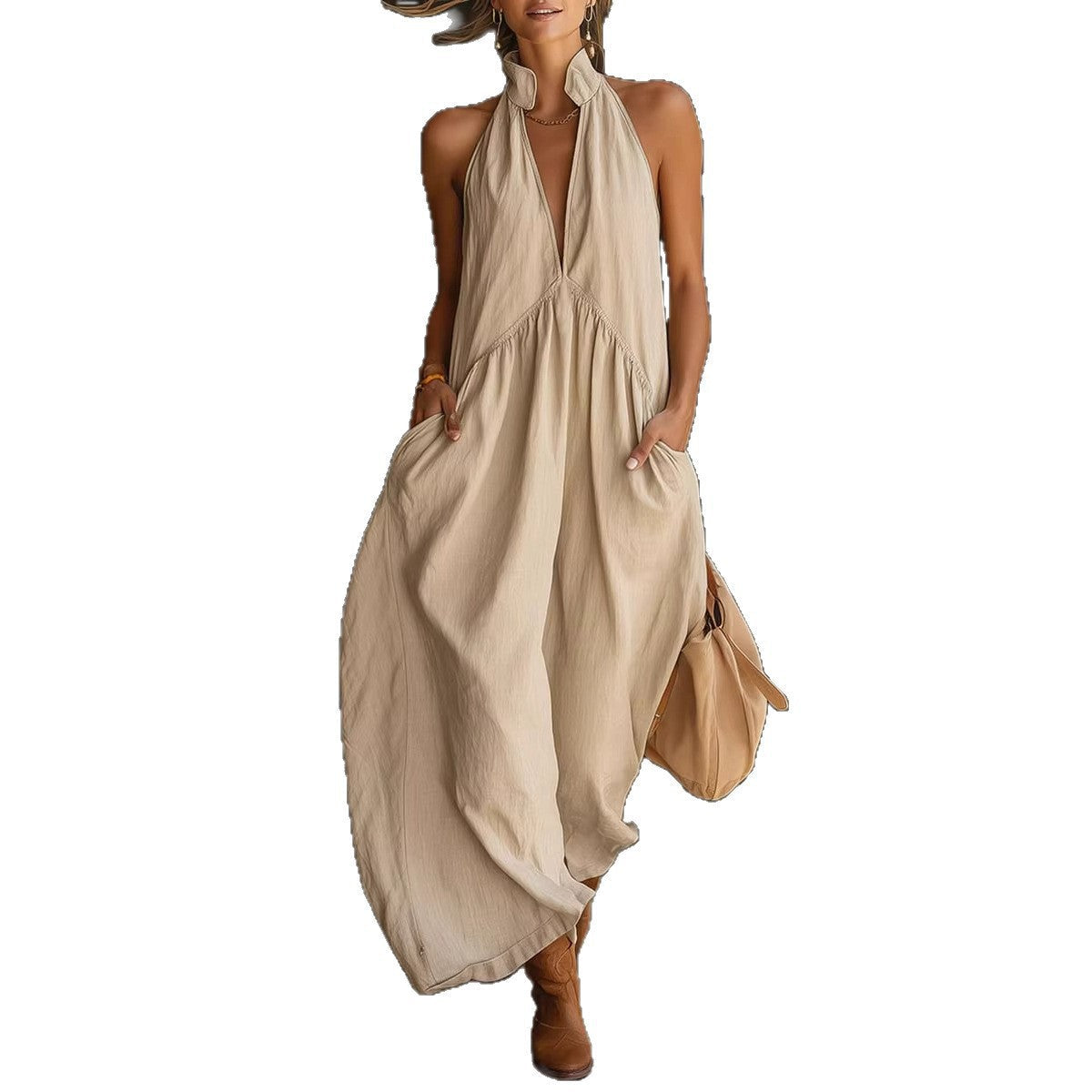 Sleeveless Stand Collar Solid Color Long Vacation Dress