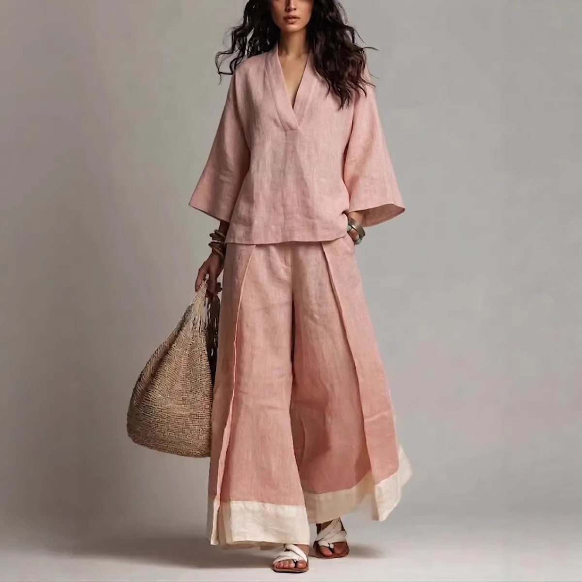 French V-Neck Three-Quarter Sleeve Shirt + Contrasting Color Wide-Leg Pants Suit For Women