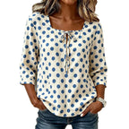 Cream Base Polka Dot Square Neck Tie Front 3/4 Sleeve Blouse