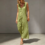 Buttoned Cotton And Linen Sleeveless Casual Wide-Leg Loose Jumpsuit With Pockets