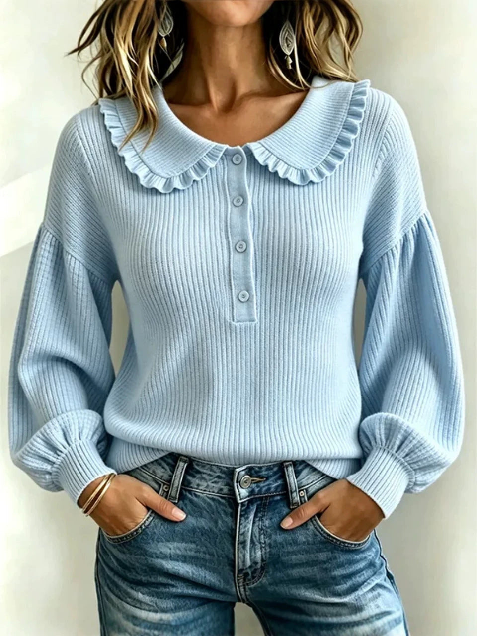 Women's Ruffle Collar Ribbed Knit Sweater