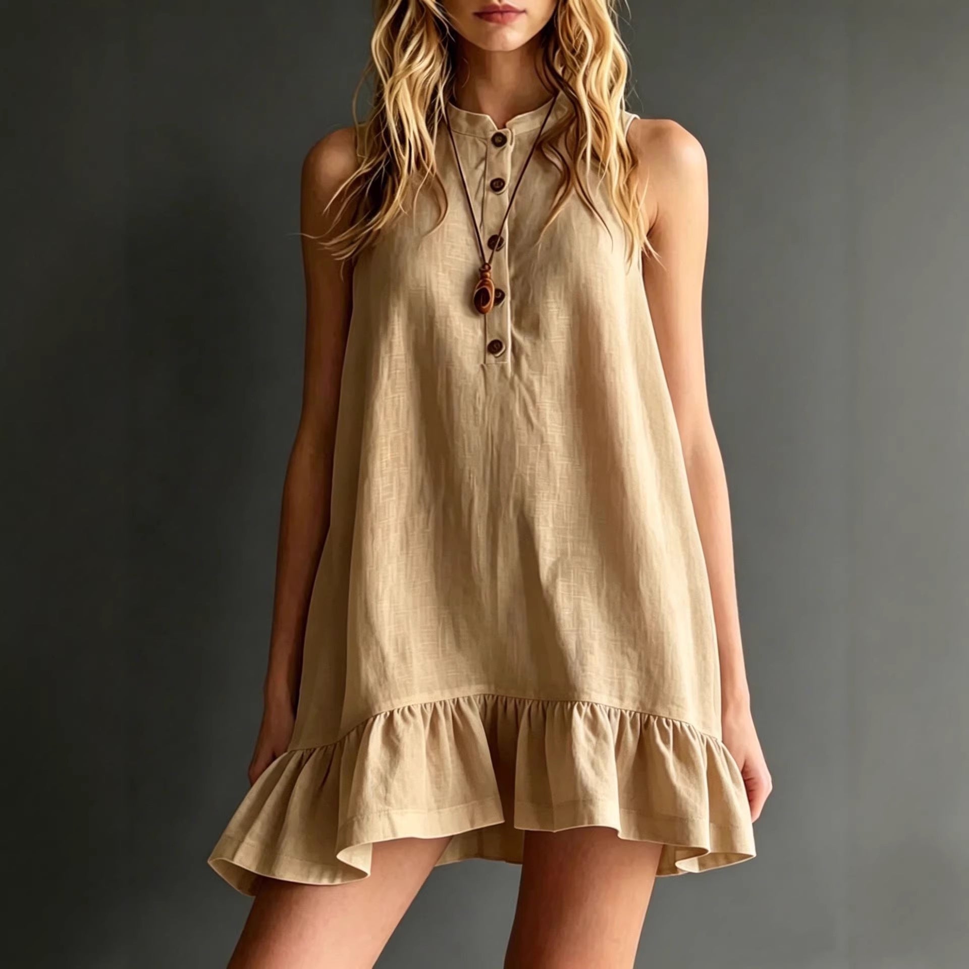 Effortless Sleeveless Ruffle Hem Shift Dress – Relaxed Linen Blend Style