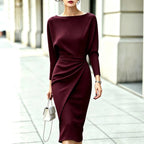 Boat-Neck Dolman Sleeve Midi Dress with Side Drape