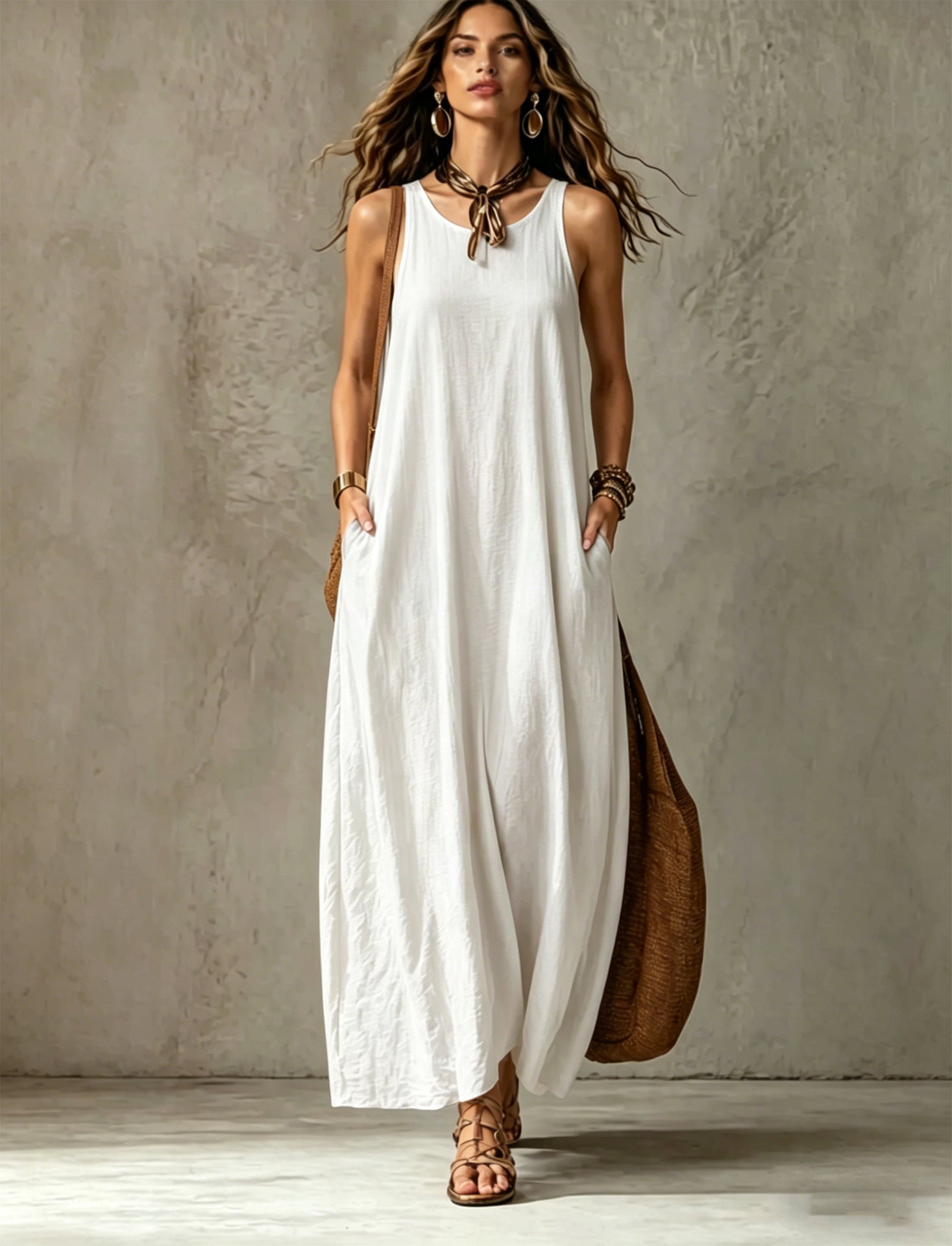 Textured Sleeveless Round Neck Pocketed Maxi Tent Dress