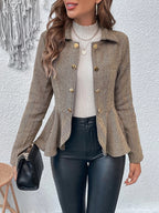 Herringbone Peplum Button‑Front Collared Jacket