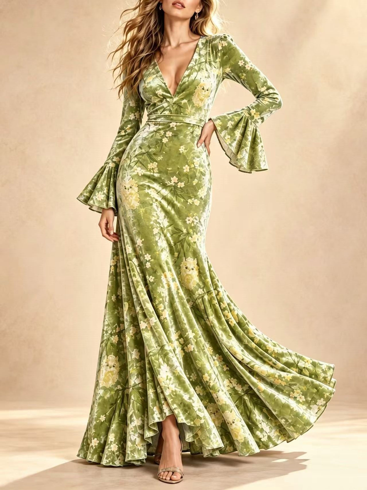 Floral Print V-Neck Bell Sleeve Maxi Dress