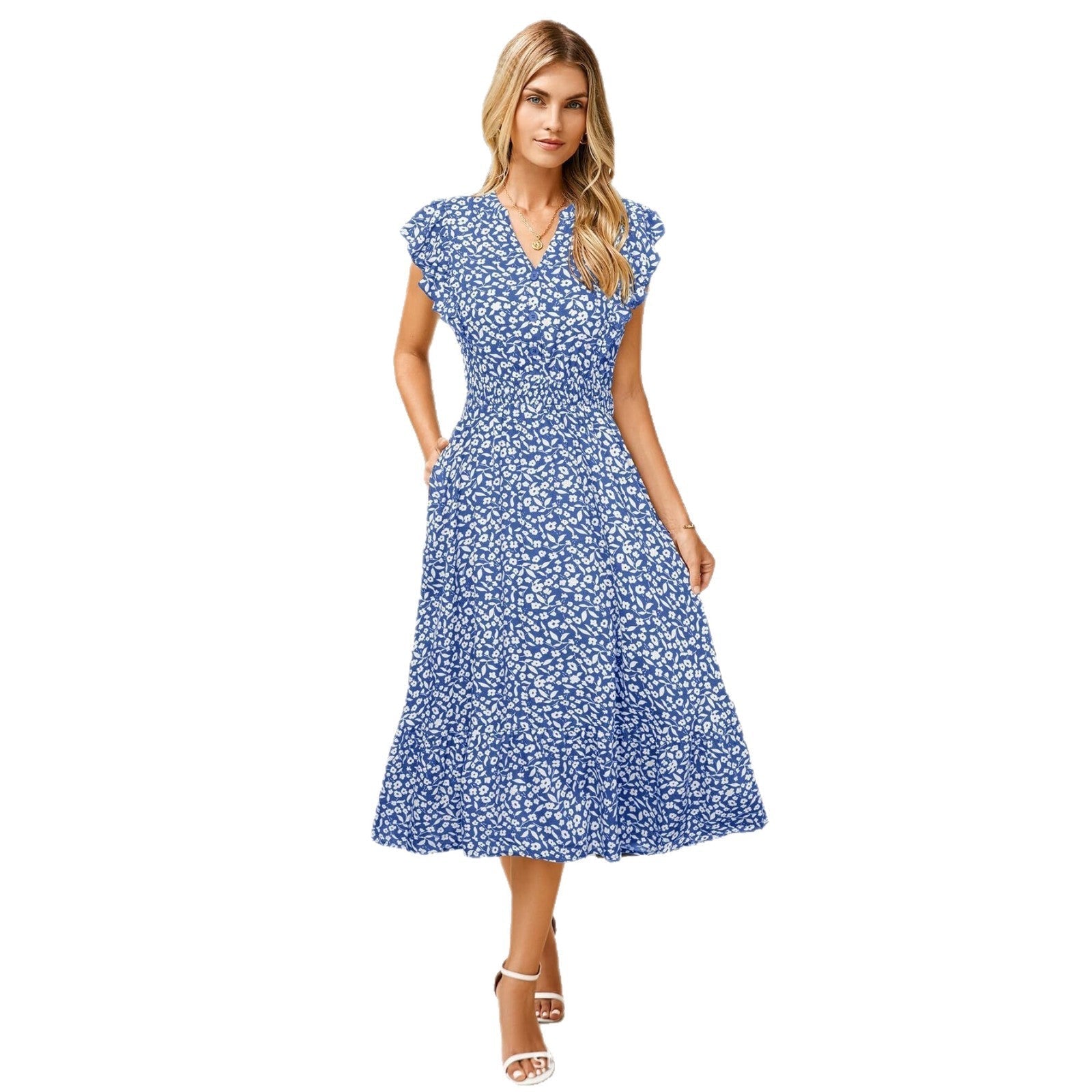 Women's V-Neck Ruffle Sleeve Midi Dress - Versatile Casual Floral/Print Dress with Pockets (6 Colors Available)