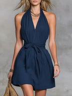 Halter Neck V-Neck Waist Tie Casual Holiday Women'S Dress