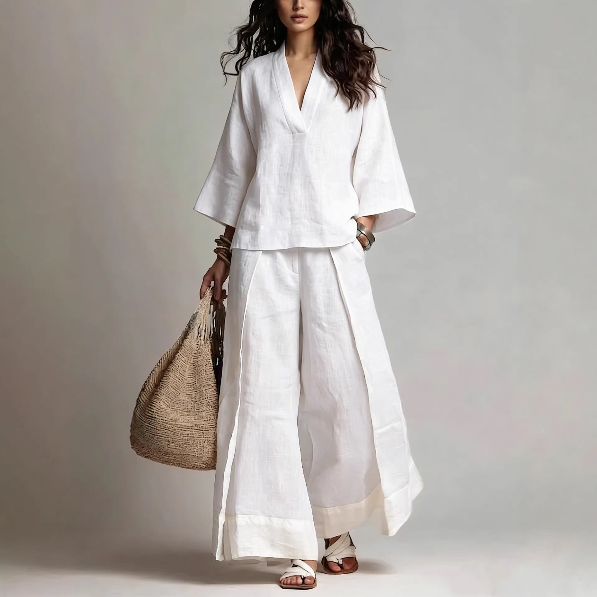 French V-Neck Three-Quarter Sleeve Shirt + Contrasting Color Wide-Leg Pants Suit For Women
