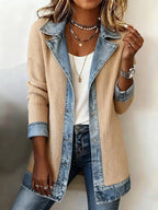 Women's Faux‑Layer Denim Trim Ribbed Open‑Front Cardigan