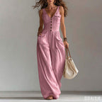 Solid Color Button Pocket Loose Casual Suspender Jumpsuit For Women