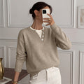 Women's Henley Button Notch Neck Drop‑Shoulder Long Sleeve Knit Sweater