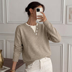 Women's Henley Button Notch Neck Drop‑Shoulder Long Sleeve Knit Sweater