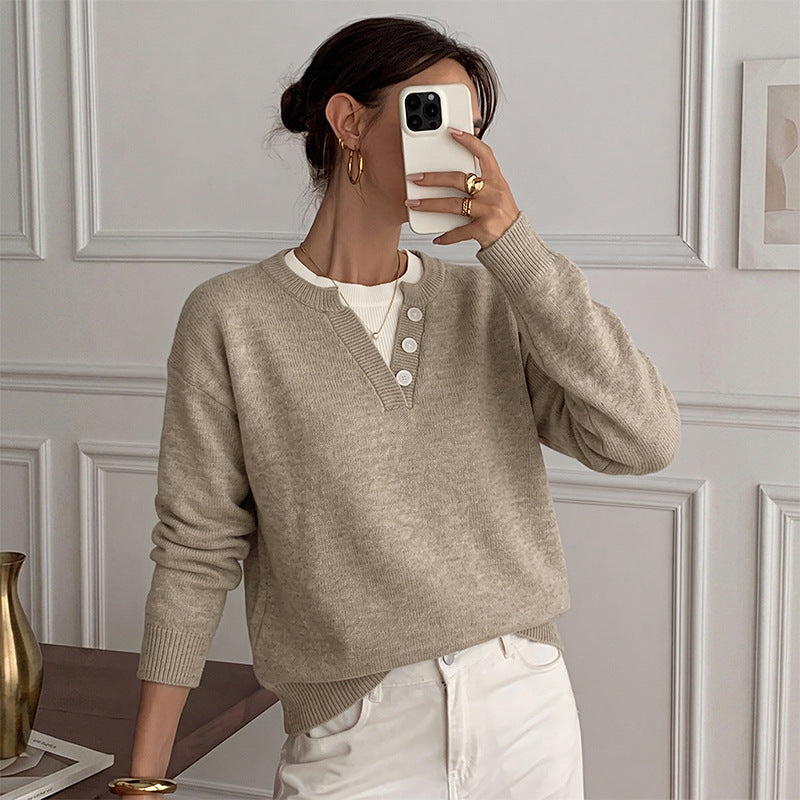 Women's Henley Button Notch Neck Drop‑Shoulder Long Sleeve Knit Sweater
