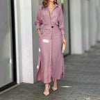 Women Collared Waist‑Tab Shirt Maxi Dress