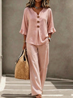Light Blue V Neck Ruffle Sleeve Linen Two-Piece Wide Leg Pants Set