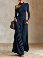 Women Turtleneck Cutout Long Sleeve Maxi Dress, Asymmetric Cold Shoulder Flowy Long Dress