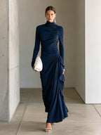 Turtleneck Ruched Side‑Ruffle Long‑Sleeve Maxi Dress