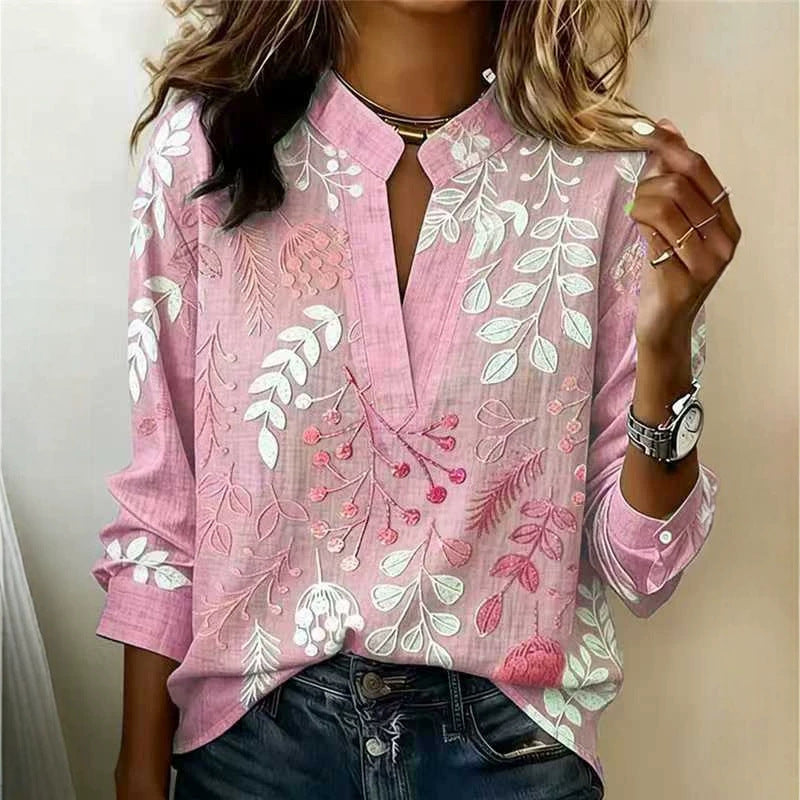 Women'S Floral Print Notch Collar Long Sleeve Blouse