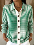 Women's Green‑White Stripe Collared Button Front Knit Cardigan