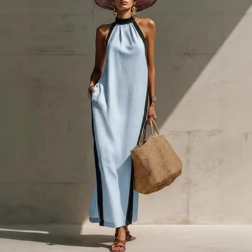 Halter Neck Contrast Trim Maxi Dress