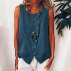 Solid Color Round Neck Sleeveless Casual Loose Cotton-linen Top