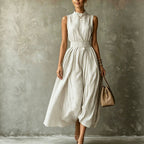 Classic Striped High Neck Sleeveless Midi Dress