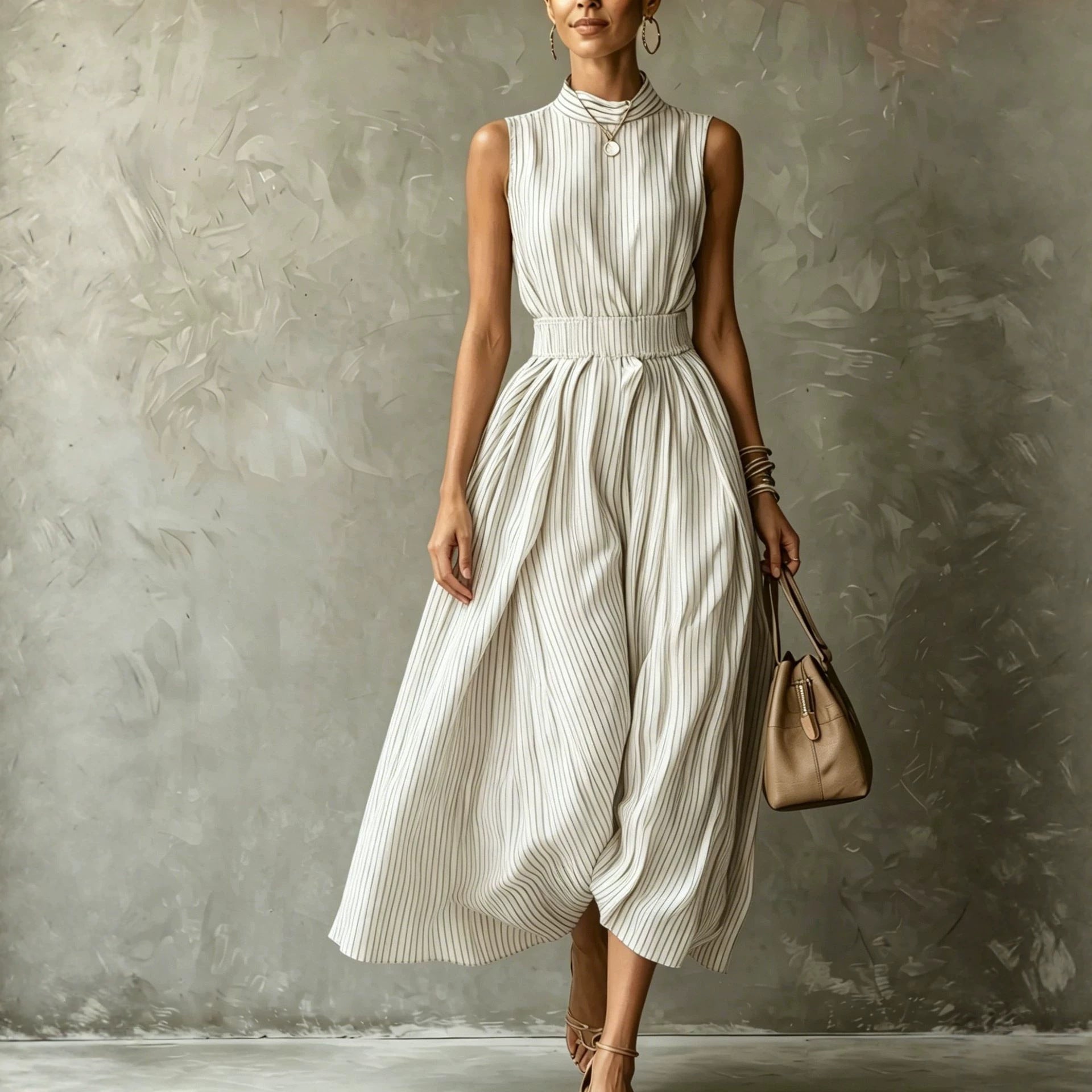 Classic Striped High Neck Sleeveless Midi Dress
