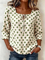 Cream Base Polka Dot Square Neck Tie Front 3/4 Sleeve Blouse