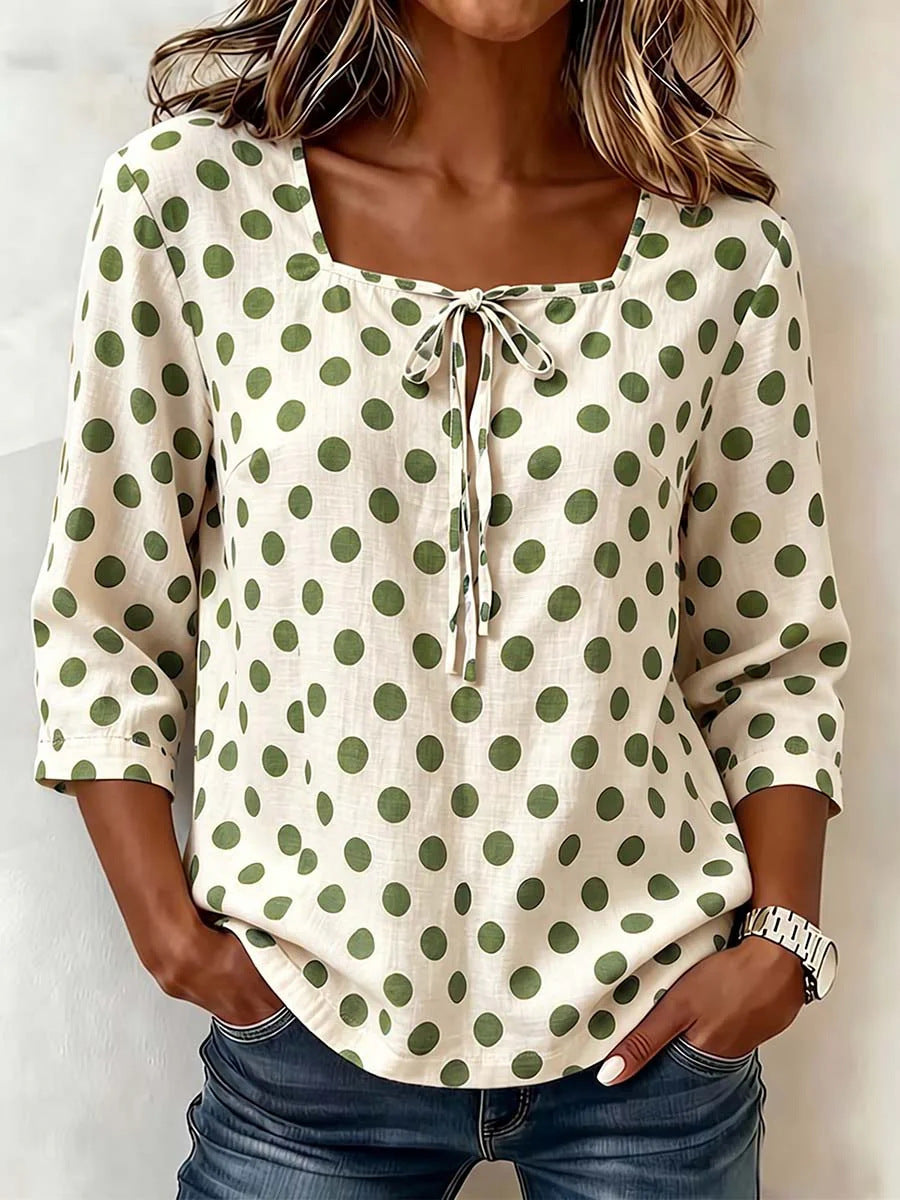 Cream Base Polka Dot Square Neck Tie Front 3/4 Sleeve Blouse