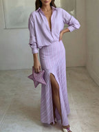 Women Striped Long‑Sleeve Shirt & High‑Slit Maxi Skirt Two‑Piece Set