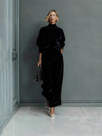 Women'S Velour Drop‑Shoulder Top & Pleated Wide‑Leg Pants Two‑Piece Set