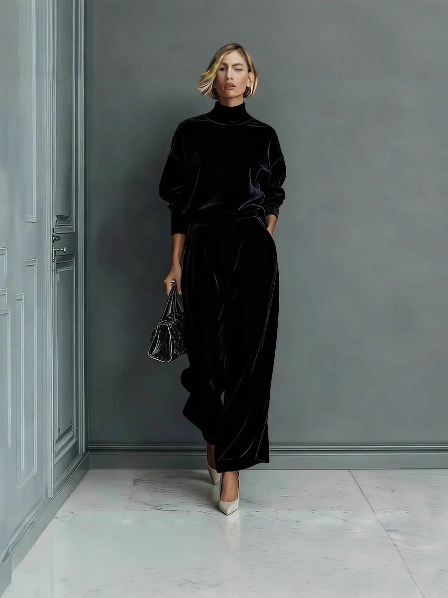 Women'S Velour Drop‑Shoulder Top & Pleated Wide‑Leg Pants Two‑Piece Set