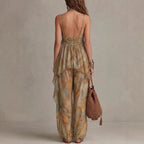 Vacation Style Printed V-Neck Watercolor Print Chiffon Halter Two-Piece Set