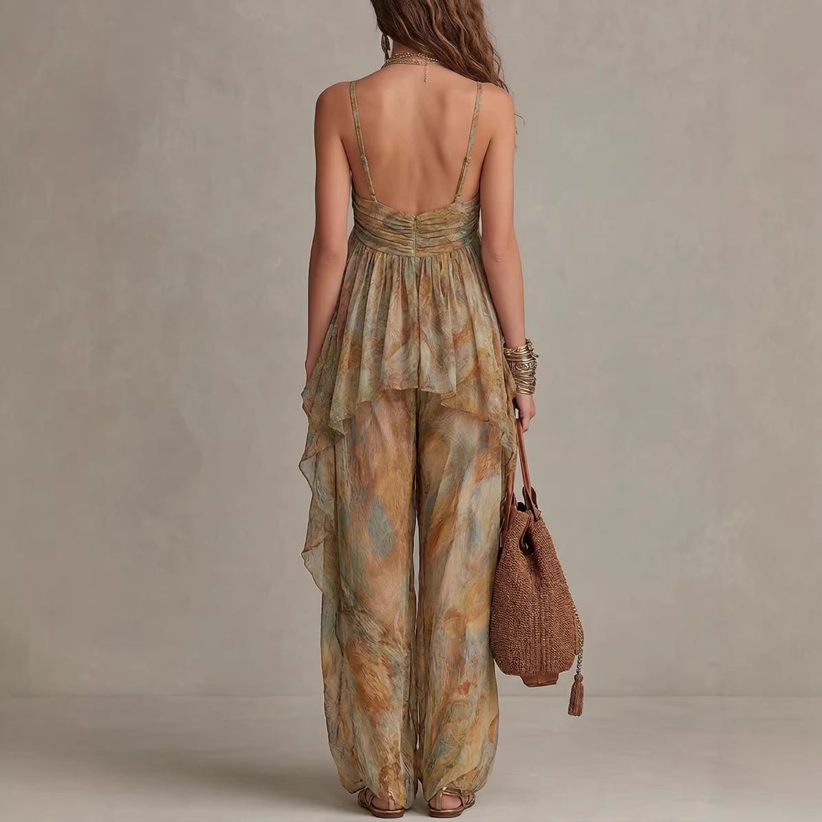 Vacation Style Printed V-Neck Watercolor Print Chiffon Halter Two-Piece Set
