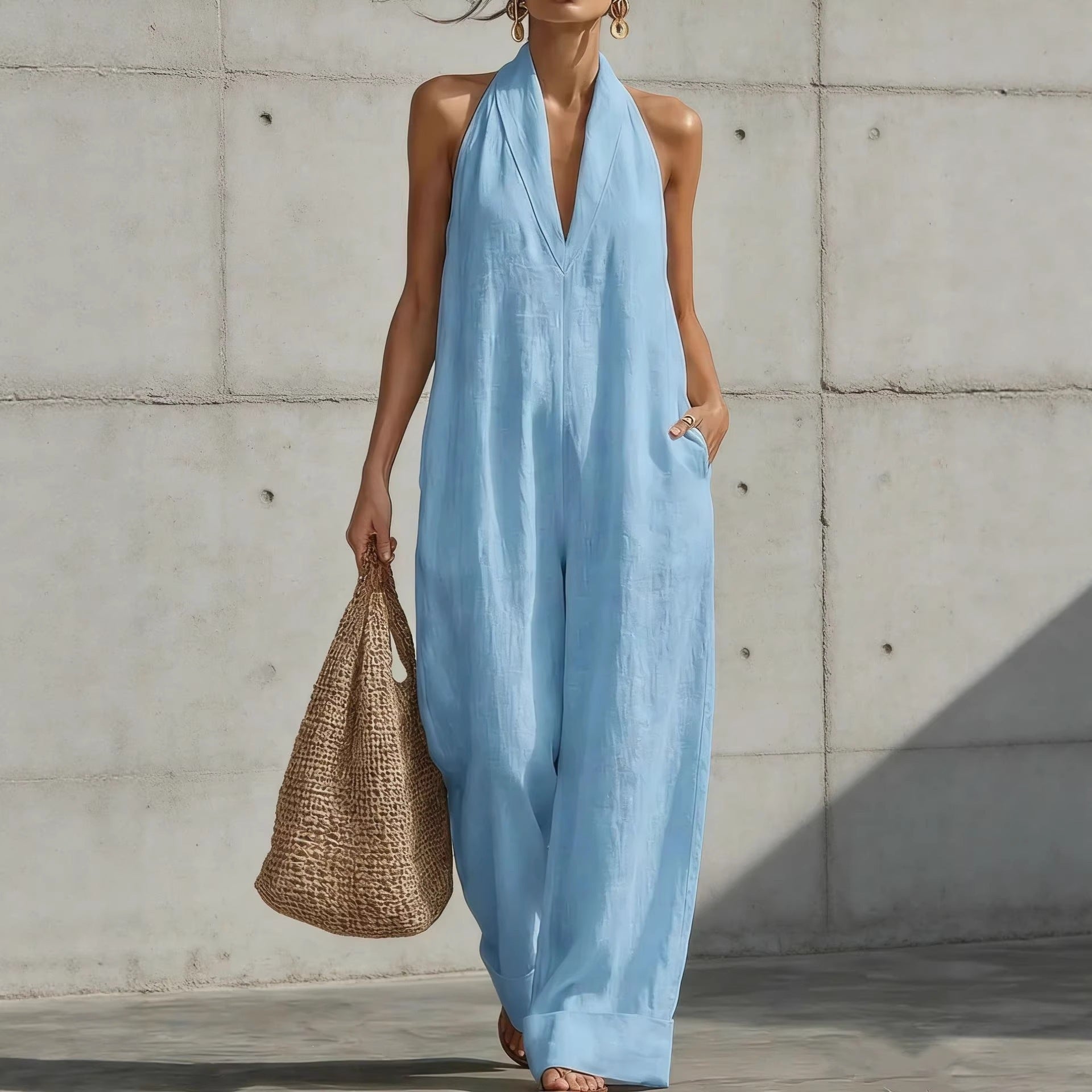 Linen Halter Deep V Wide Leg Cuffed Jumpsuit