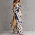 Women's Beige Abstract Print Halter Wide-Leg Jumpsuit