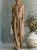 Halter Neck Linen-Blend Wide Leg Jumpsuit